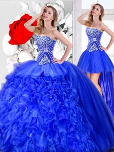 Affordable Three Piece Floor Length Blue Quinceanera Gown Sweetheart Sleeveless Lace Up