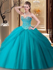 Floor Length Lace Up Vestidos de Quinceanera Teal for Military Ball and Sweet 16 and Quinceanera with Beading