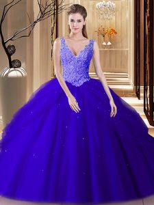 Nice Backless V-neck Sleeveless Quinceanera Dress Floor Length Lace and Appliques and Pick Ups Royal Blue Tulle