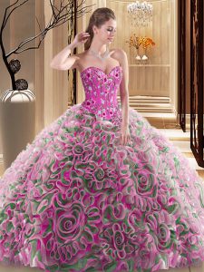Perfect Multi-color Ball Gowns Embroidery and Ruffles 15th Birthday Dress Lace Up Fabric With Rolling Flowers Sleeveless With Train