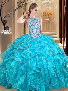 Scoop Embroidery and Ruffles Sweet 16 Dresses Teal Backless Sleeveless Floor Length