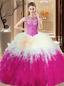 Elegant Sleeveless Tulle Floor Length Backless Quince Ball Gowns in Multi-color with Beading and Ruffles