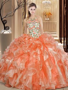 Backless Scoop Sleeveless Quinceanera Dress Floor Length Embroidery and Ruffles Orange Organza