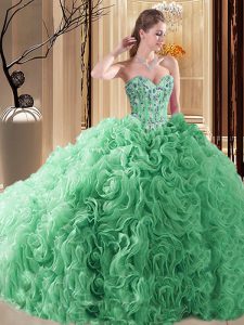 High Class Fabric With Rolling Flowers Sleeveless Sweet 16 Dress Court Train and Embroidery and Ruffles