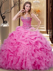 Suitable Rose Pink Sleeveless Floor Length Beading and Ruffles and Pick Ups Lace Up Sweet 16 Quinceanera Dress