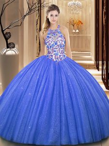 Customized High-neck Sleeveless Quinceanera Dresses Floor Length Lace and Appliques Blue Organza