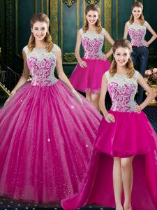 Four Piece Sleeveless Zipper Floor Length Lace Quinceanera Gowns