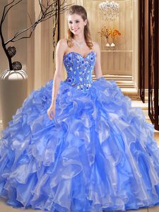 Sleeveless Floor Length Beading and Embroidery and Ruffles Lace Up Quinceanera Dresses with Blue
