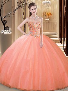 Sleeveless Tulle Floor Length Lace Up Vestidos de Quinceanera in Peach with Embroidery