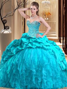 Sleeveless Taffeta and Tulle Brush Train Lace Up Sweet 16 Dresses in Aqua Blue with Beading and Ruffles