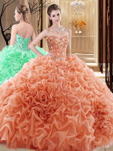 Colorful Pick Ups Ball Gowns Quinceanera Gowns Orange Sweetheart Fabric With Rolling Flowers Sleeveless Floor Length Lace Up