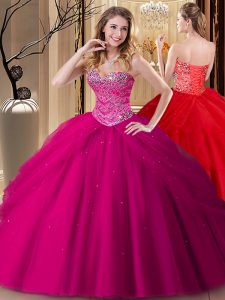 Fuchsia Ball Gowns Tulle Sweetheart Sleeveless Beading Floor Length Lace Up Quinceanera Dress