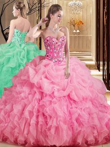 Great Lace Up Quinceanera Gowns Rose Pink for Prom and Military Ball and Sweet 16 and Quinceanera with Embroidery and Ruffles and Pick Ups Brush Train