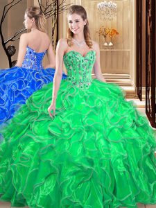 Green Sweetheart Neckline Embroidery and Ruffles 15 Quinceanera Dress Sleeveless Lace Up