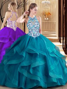 Unique Scoop Sleeveless Brush Train Lace Up Embroidery and Ruffles Sweet 16 Quinceanera Dress