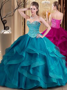 Teal Ball Gowns Tulle Sweetheart Sleeveless Beading and Ruffles Floor Length Lace Up Sweet 16 Quinceanera Dress