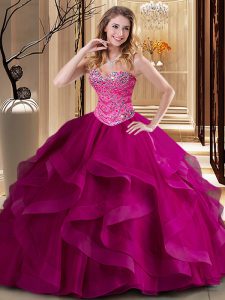Fine Fuchsia Sweetheart Neckline Beading and Ruffles 15 Quinceanera Dress Sleeveless Lace Up