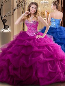 Sleeveless Tulle Floor Length Lace Up Quinceanera Gown in Fuchsia with Beading and Ruffles
