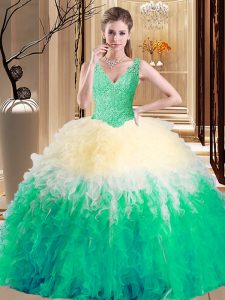 Cute Multi-color Zipper Ball Gown Prom Dress Lace and Appliques and Ruffles Sleeveless Floor Length