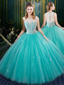 Aqua Blue Sleeveless Floor Length Lace Zipper Quinceanera Gowns