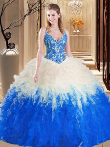 Straps Blue And White Sleeveless Tulle Lace Up Sweet 16 Dresses for Military Ball and Sweet 16 and Quinceanera
