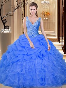Stylish Backless Floor Length Blue Quinceanera Gown Organza Sleeveless Lace and Appliques and Ruffles and Pick Ups