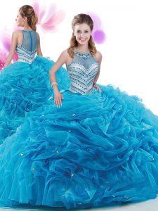 Sleeveless Organza Court Train Zipper Quince Ball Gowns in Baby Blue with Ruffles