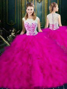 Comfortable Scoop Fuchsia Sleeveless Floor Length Lace and Ruffles Zipper 15 Quinceanera Dress