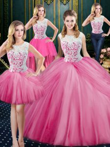 Four Piece Scoop Rose Pink Tulle Zipper 15 Quinceanera Dress Sleeveless Floor Length Lace and Appliques and Pick Ups