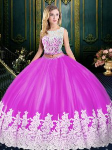 Classical Scoop Fuchsia Sleeveless Tulle Zipper Sweet 16 Quinceanera Dress for Military Ball and Sweet 16 and Quinceanera