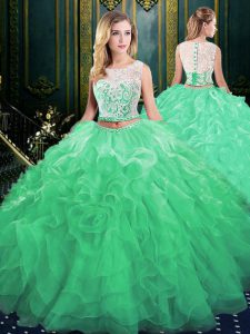 Captivating Scoop Green Zipper Sweet 16 Dress Lace and Appliques and Ruffles Sleeveless Court Train