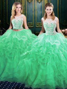 Excellent Scoop Green Lace Up Quinceanera Gown Lace and Ruffles Sleeveless Court Train