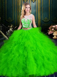Most Popular Two Pieces Scoop Sleeveless Tulle Floor Length Zipper Lace and Ruffles Quinceanera Dresses