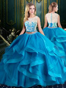 High Class Baby Blue Zipper Scoop Lace and Ruffles Quinceanera Gown Tulle Sleeveless Brush Train