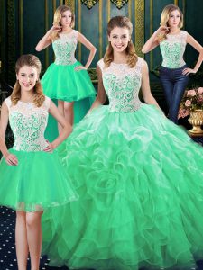 Sumptuous Four Piece Scoop Organza Sleeveless Floor Length Quinceanera Gowns and Lace and Ruffles