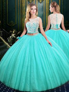 Scoop Floor Length Blue Vestidos de Quinceanera Tulle and Sequined Sleeveless Lace and Sequins