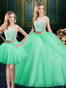 Sophisticated Three Piece Pick Ups Ball Gowns Quinceanera Dresses Apple Green Scoop Satin and Tulle Sleeveless Floor Length Lace Up