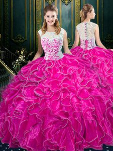 Scoop Fuchsia Organza Zipper 15th Birthday Dress Sleeveless Floor Length Lace and Ruffles