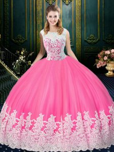 Glamorous Scoop Rose Pink Sleeveless Floor Length Lace and Appliques Zipper 15 Quinceanera Dress