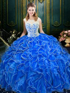 Scoop Sleeveless 15 Quinceanera Dress Floor Length Lace and Ruffles Royal Blue Organza