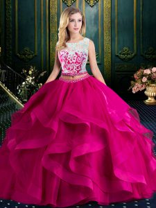 Inexpensive Fuchsia Quince Ball Gowns Military Ball and Sweet 16 and Quinceanera with Lace and Ruffles Scoop Sleeveless Brush Train Lace Up