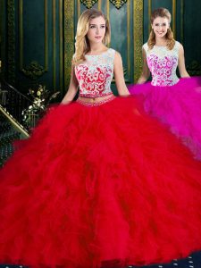 Red Tulle Zipper Scoop Sleeveless Floor Length Sweet 16 Dresses Lace and Ruffles