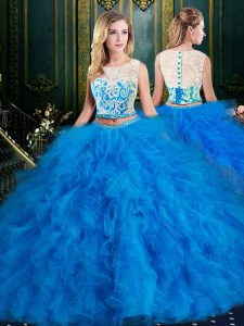 Best Scoop Lace and Ruffles 15th Birthday Dress Blue Zipper Sleeveless Floor Length