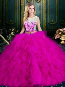 Fuchsia Quinceanera Dress Military Ball and Sweet 16 and Quinceanera with Lace and Ruffles Scoop Sleeveless Zipper