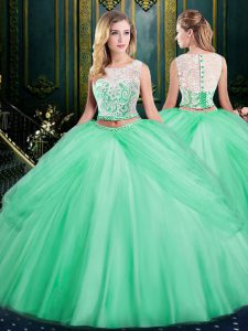 Extravagant Scoop Sleeveless Quinceanera Dresses Floor Length Lace and Pick Ups Apple Green Satin and Tulle