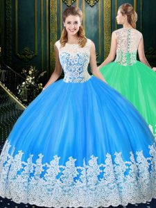 Luxurious Baby Blue Scoop Zipper Lace and Appliques Quinceanera Gown Sleeveless