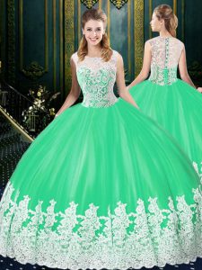 Decent Tulle Scoop Sleeveless Zipper Lace and Appliques Quinceanera Gown in Apple Green