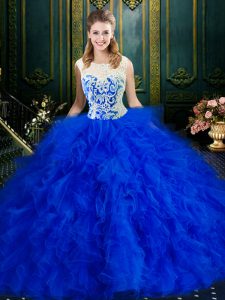 Decent Scoop Sleeveless Tulle Floor Length Zipper Sweet 16 Dresses in Royal Blue with Lace and Ruffles