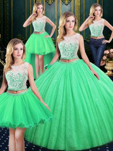 Chic Four Piece Tulle and Sequined Lace Up Scoop Sleeveless Floor Length Quinceanera Dress Lace and Sequins
