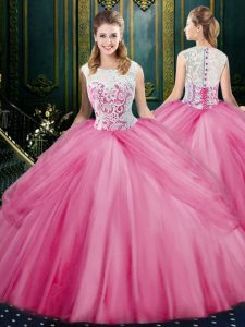 Customized Scoop Rose Pink Zipper 15th Birthday Dress Lace and Pick Ups Sleeveless Floor Length